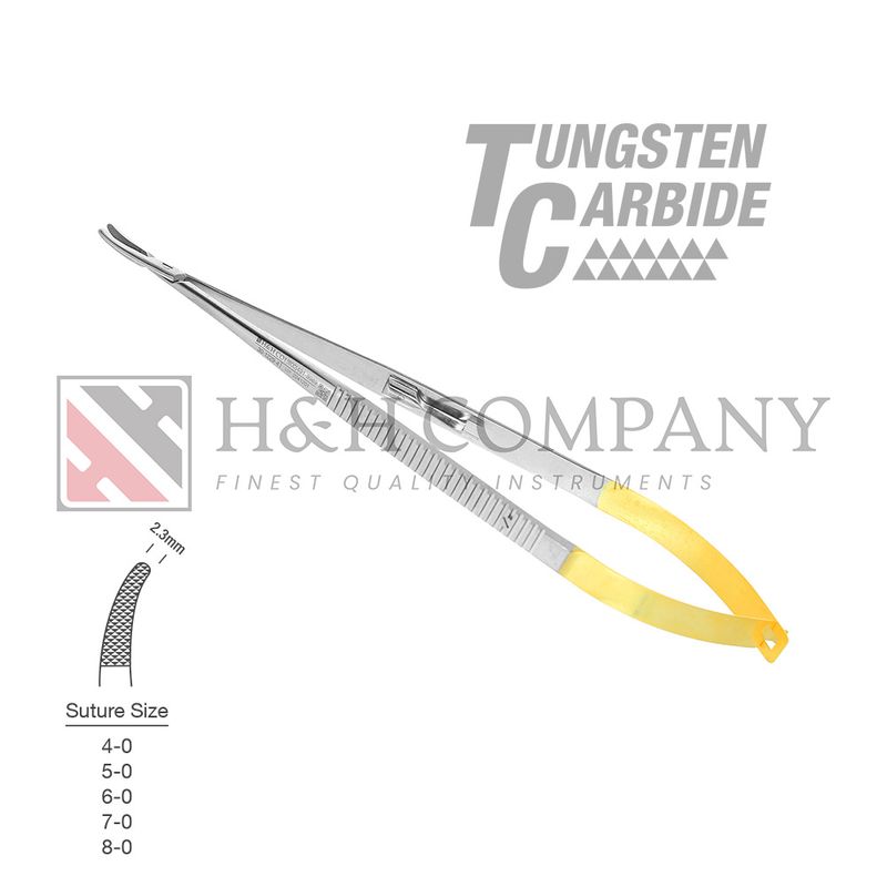 Castroviejo Needle Holder, 2.3mm Tip, Curved, Flat Handle, 7"