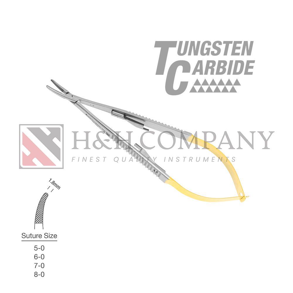 Castroviejo Needle Holder, 1.8mm Tip, Curved, Flat Handle, 5 3/4&quot;