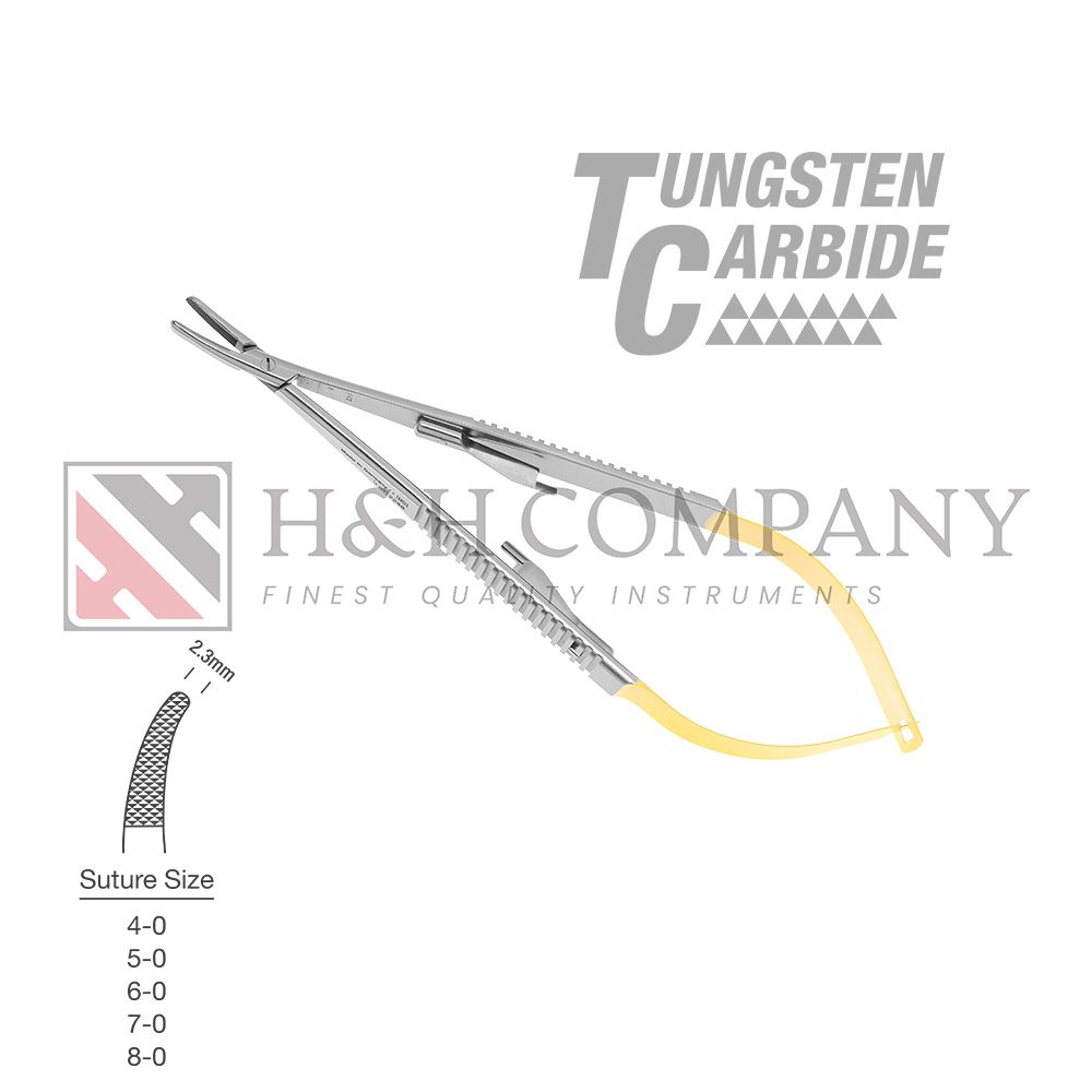 Castroviejo Needle Holder, 2.3mm Tip, Curved, Flat Handle, 5 3/4&quot;