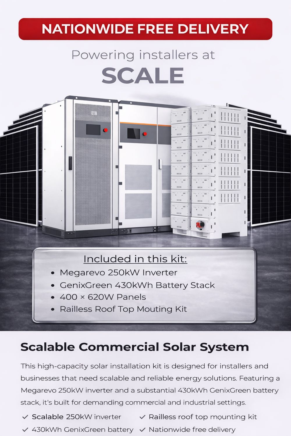 250KW Megarevo with 430KWh batteries + 400 x 620W solar panels