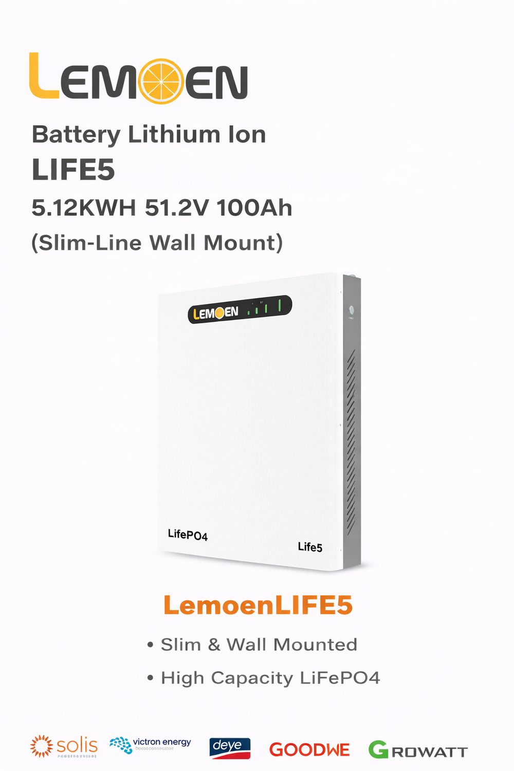 Lemoen Battery Lithium Ion LIFE5 5.12KWH 51.2V 100Ah (Slim-Line Wall Mount) (LemoenLIFE5)