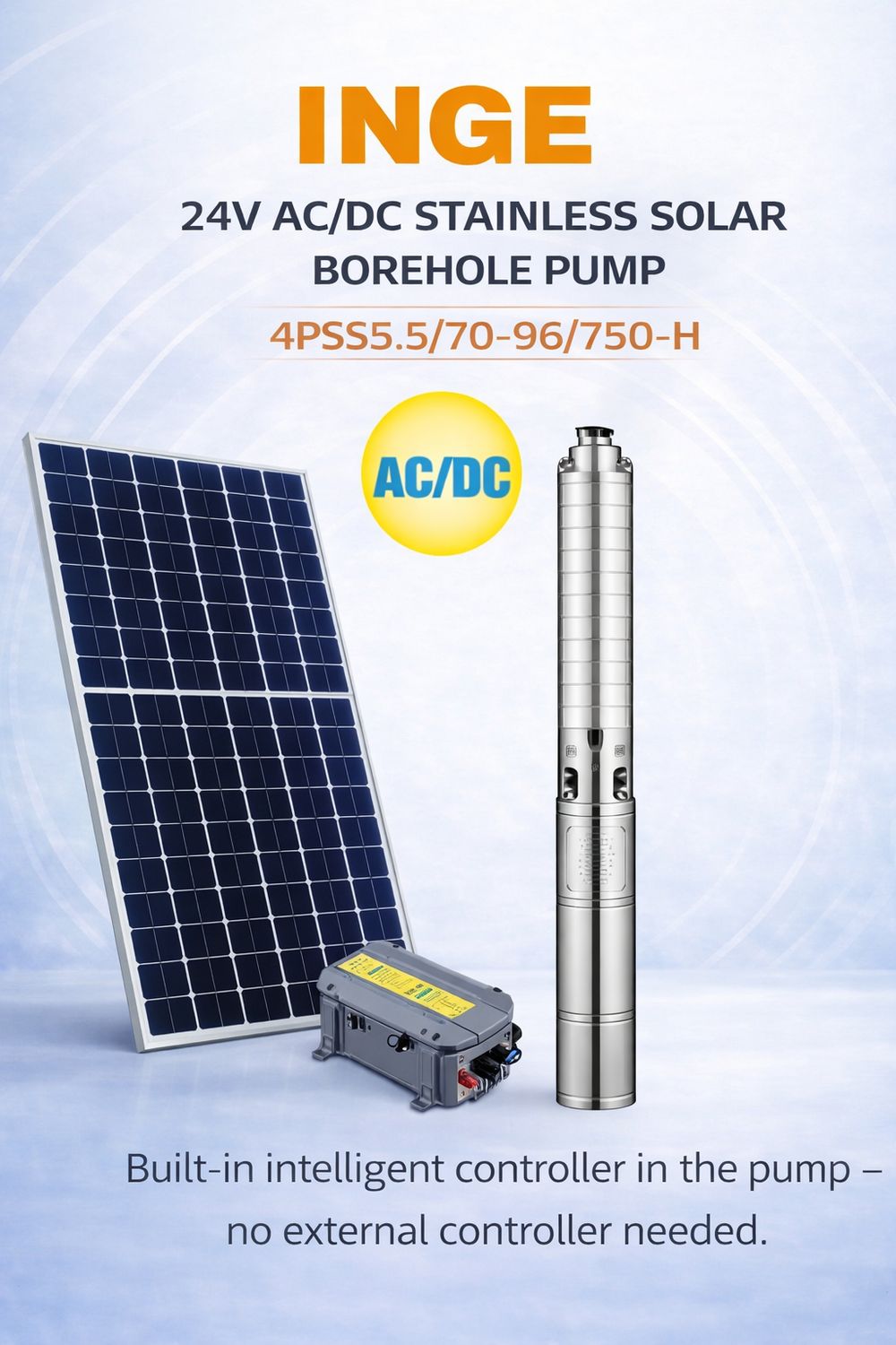 70m, 5500L/h INGE 4″ STAINLESS STEEL IMPELLER(AC/DC) SOLAR PUMP (4PSS5.5/70-96/750-H) 750W