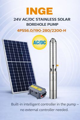 190m, 6000L/h Inge: 4″ Stainless Steel Impeller AC/DC Solar Pump 2200W (4PSS6.0/190-280/2200-H)