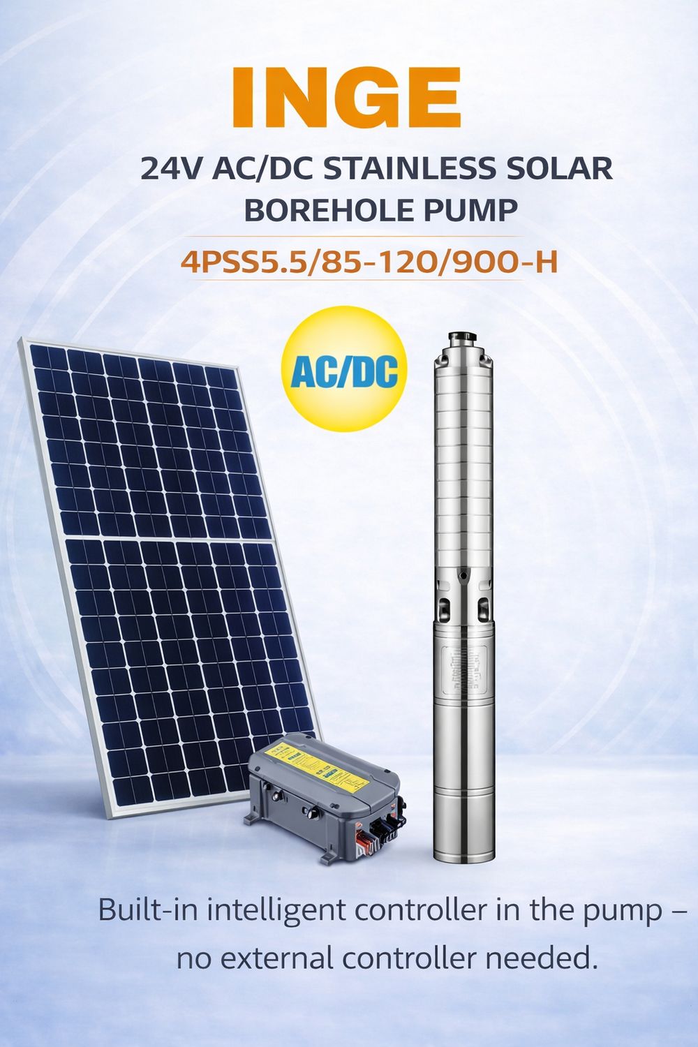 85m, 5500L/h INGE 4″ STAINLESS STEEL IMPELLER(AC/DC) SOLAR PUMP (4PSS5.5/85-120/900-H) 900W