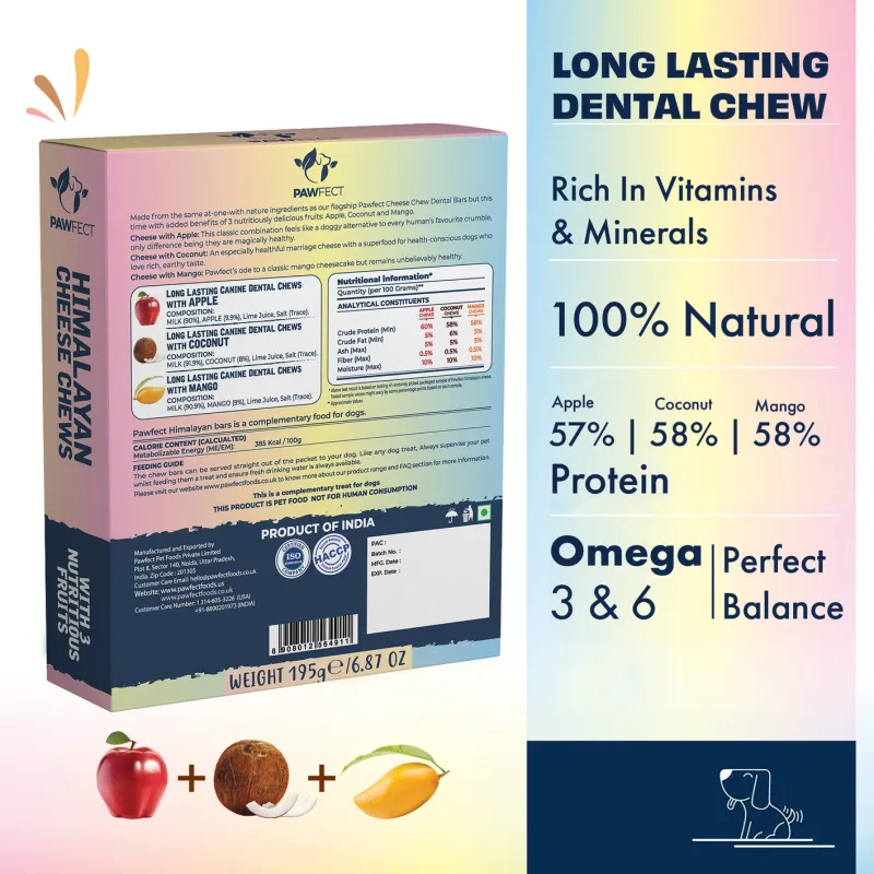 Pawfect Himalayan Cheese Chews with Apple, Mango &amp; Coconut for Large Dogs | All Natural dental stick | Rich in Protein &amp; Cal...