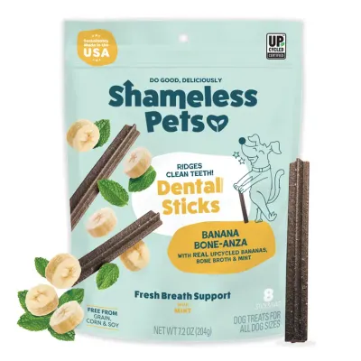 Shameless Banana Bone-anza Dental Sticks Dog Treats 7.2 oz