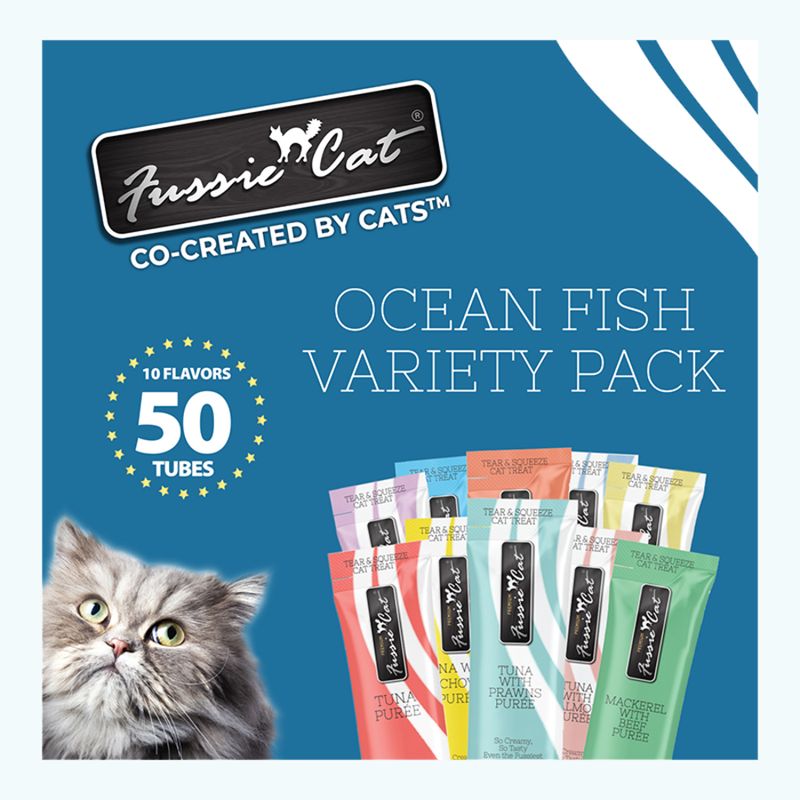 FUSSIE CAT PUREE OCEAN FISH VARIETY PACK - 10 FLAVORS - 50 COUNT