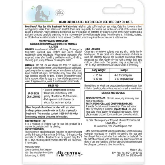 Four Paws Healthy Promise Aloe Ear Mite Treatment for Cats -- 1 fl oz