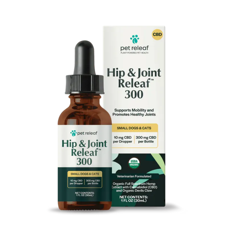 Pet Releaf Hip and Joint Releaf Mobility Oil for Small Dogs and Cats, USDA Organic with Devils Claw CBD 300MG