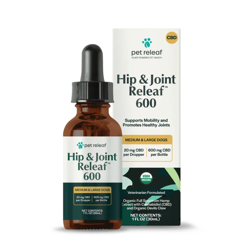 Pet Releaf Hip and Joint Releaf Mobility Oil for Small Dogs and Cats, USDA Organic with Devils Claw CBD 600MG