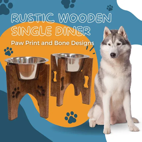 1 Pt Rustic Wooden Single Diner w/Paw Print Design - Paw Print