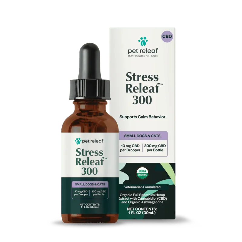 Pet Releaf Stress Releaf Hemp Oil Organic 300 mg CBD w/ Ashwagandha for Small Dogs &amp; Cats