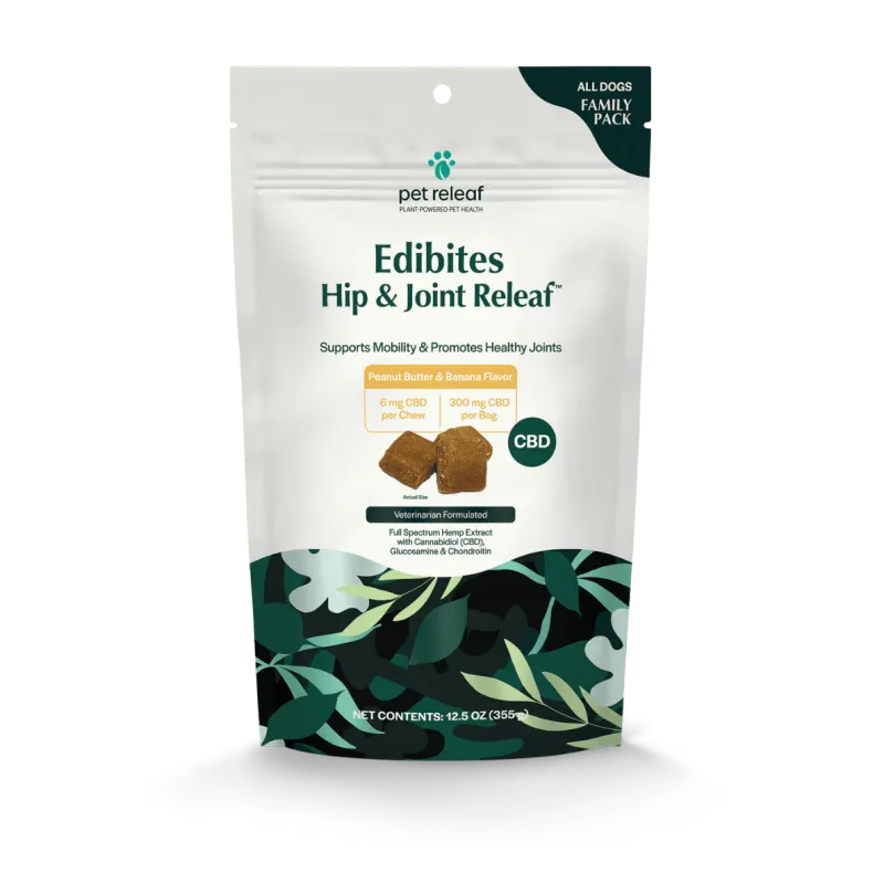 PET RELEAF Edibites Hip &amp; Joint Releaf Peanut Butter &amp; Banana Flavor Family Size Dog Mobility Chews 12.5 oz