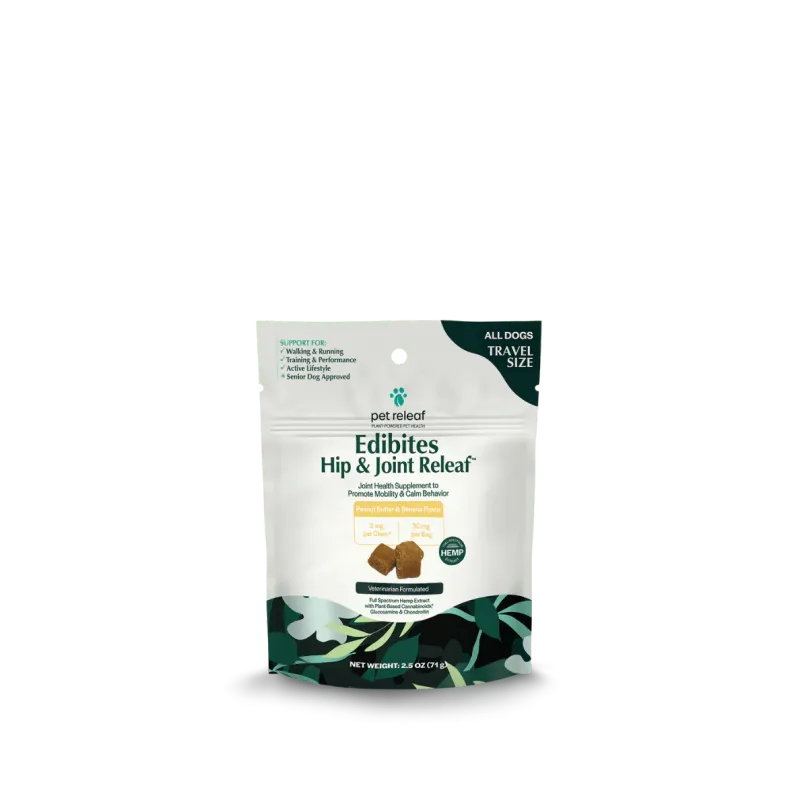 Pet Releaf Travel Size Hip &amp; Joint Releaf Organic Hemp Edibites Peanut Butter &amp; Banana Flavor for All Dogs
