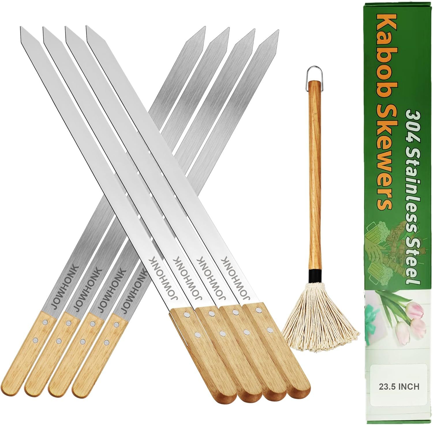 23.5" Long Kabob Skewers,1 Inch Wide 304 Stainless Steel Barbecue Skewers for Grilling with Wooden Handle 2 PCS