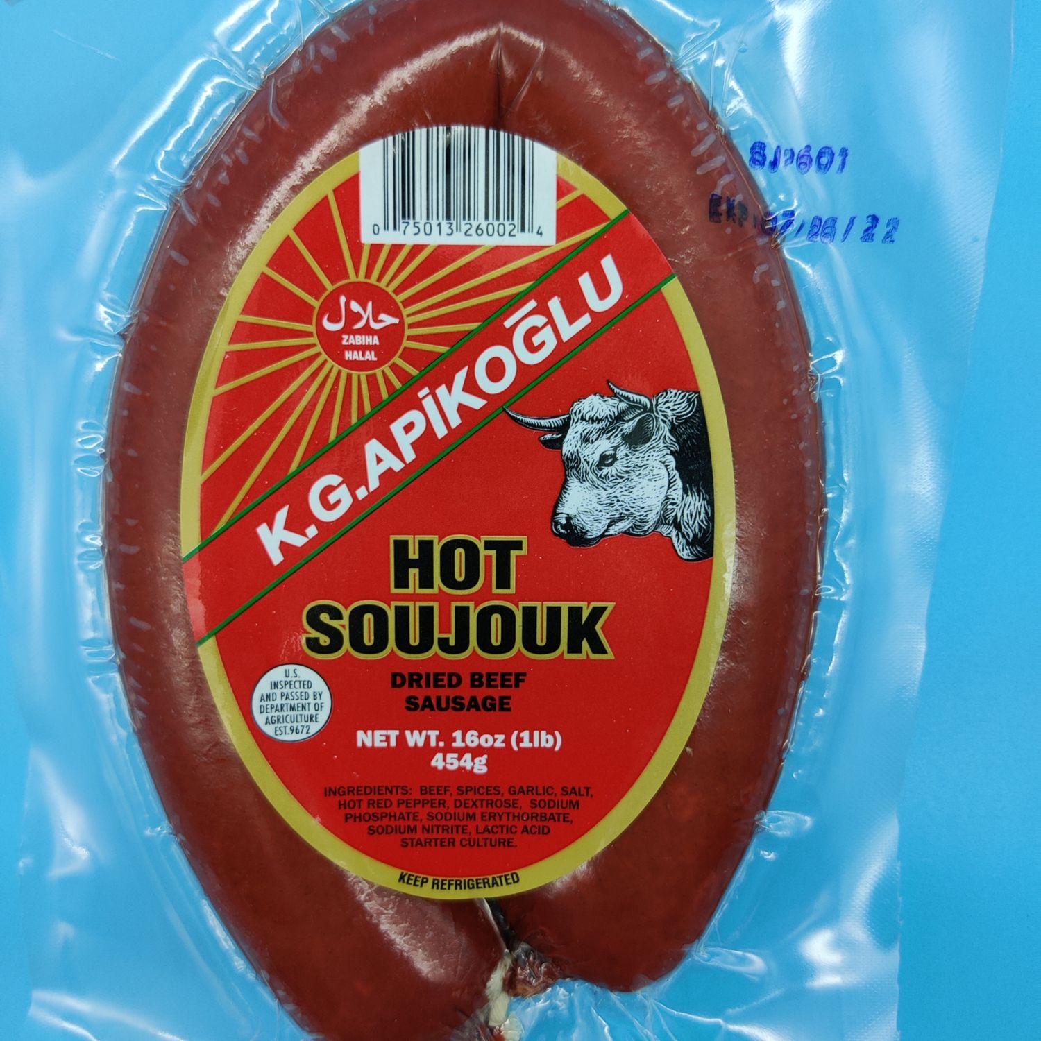APIKOGLU Hot Halal Sucuk Soujouk 16oz (1lb)