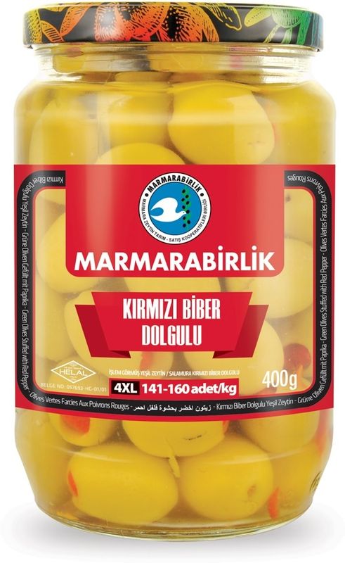 MB Marmara Birlik Green Olives 4XL with Pepper 400g Glass (141-160)