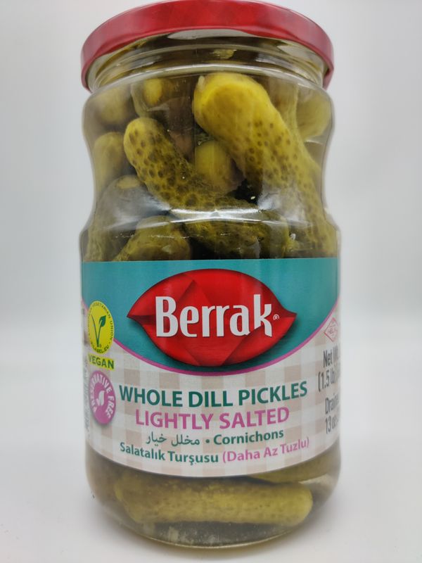 BERRAK Gherkin Cornichons Whole Dill Pickles Diet (Hafif Salatalik Tursusu) No:1 680g Glass Lightly Salted