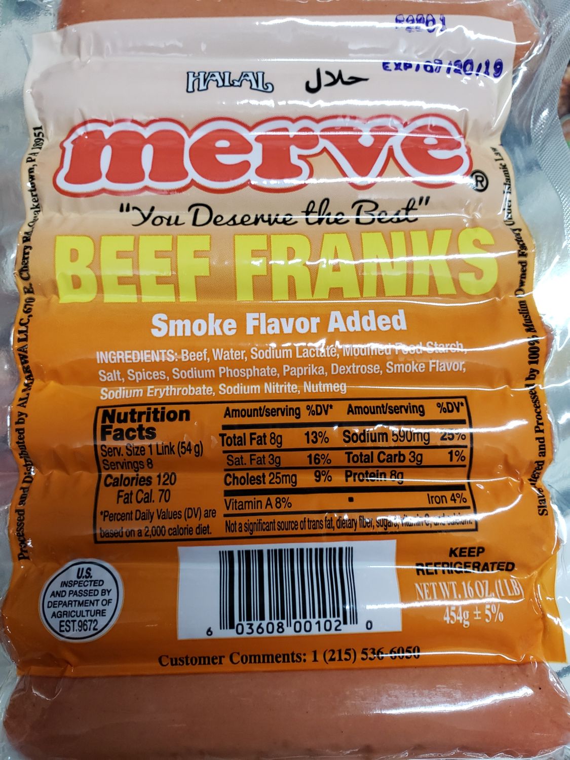 MERVE Beef Franks Halal 1lb Hot Dog Sausage