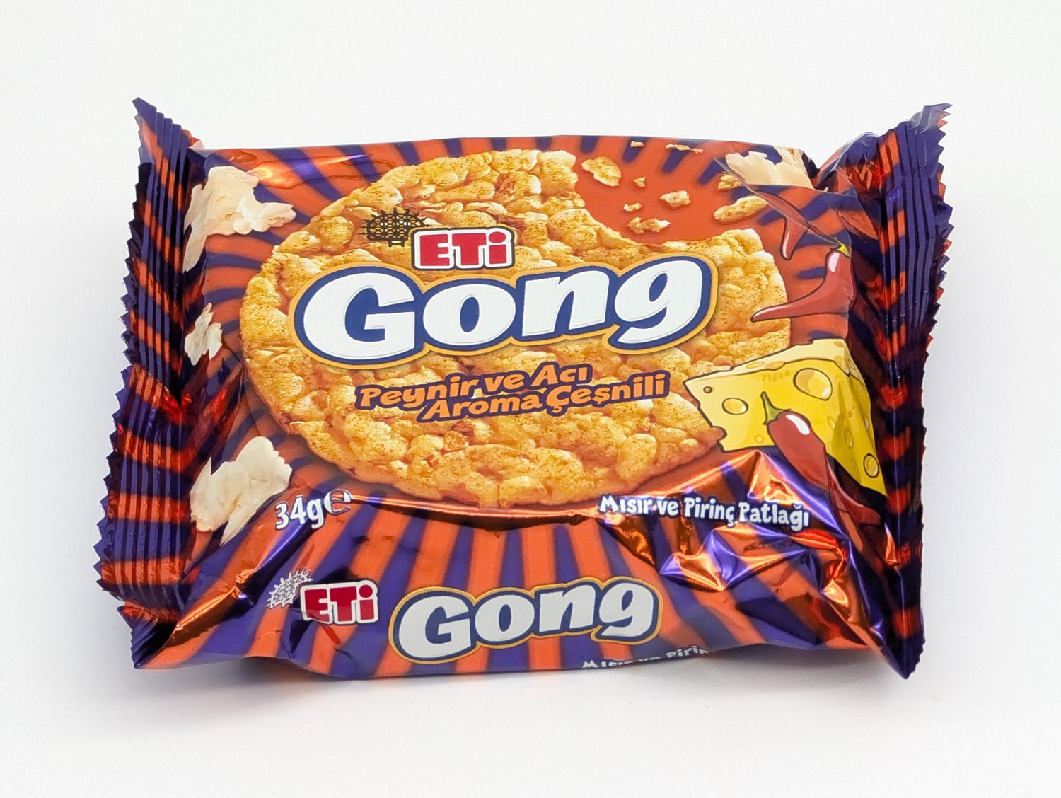 ETI Gong Corn and Rice Pops with Cheese and Spice  - Peynir ve Aci Aroma Cesnili Misir ve Pirinc Patlagi 34g