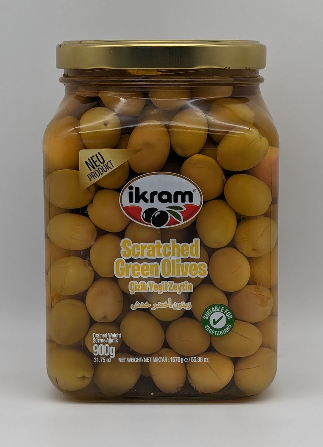 Ikram Scratched Green Olives, Angle 1.
