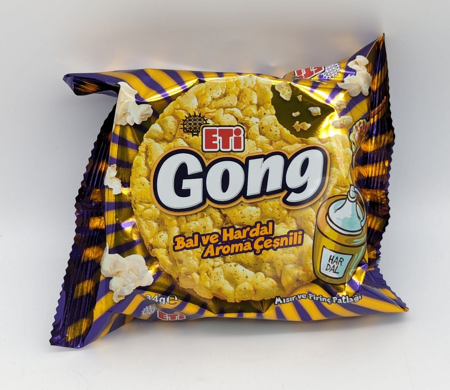 ETI Gong Corn and Rice Pops with Honey and Mustard Flavor - Bal ve Hardal Aroma Cesnili Misir ve Pirinc Patlagi 34g