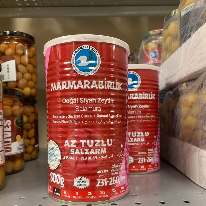 MB Marmara Birlik Gemlik Black Olives L Hiper Low Salt 800g Can