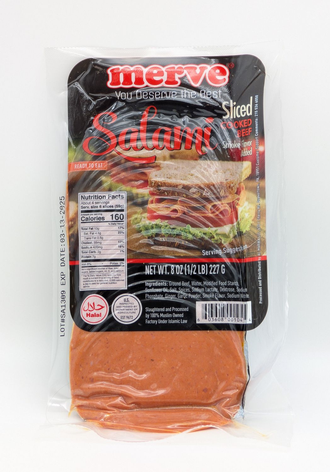 MERVE Halal Beef Sliced Salami Plain 8oz 226g