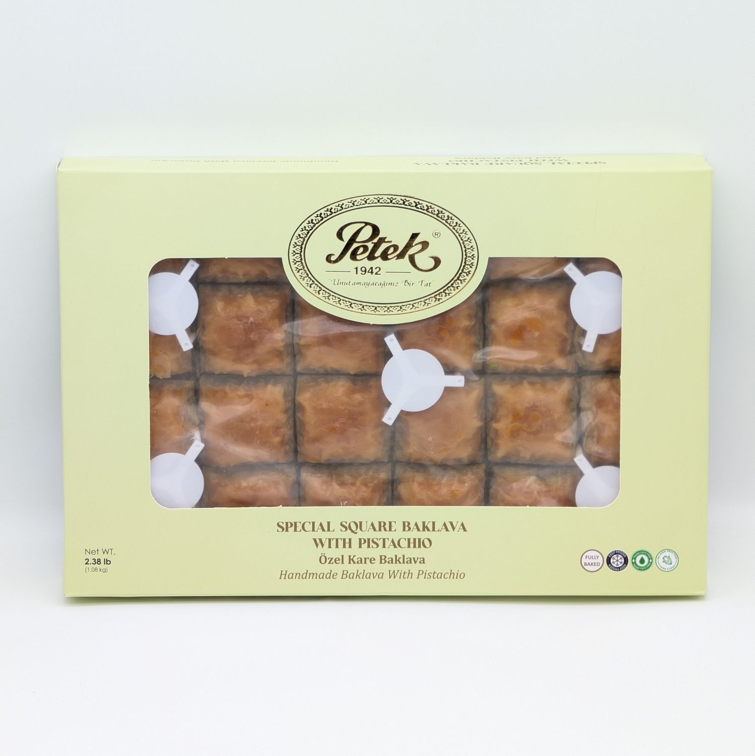 PETEK Special Square Baklava with Pistachio Handmade - Ozel Kare Fistikli 2.38lb / 1.08kg