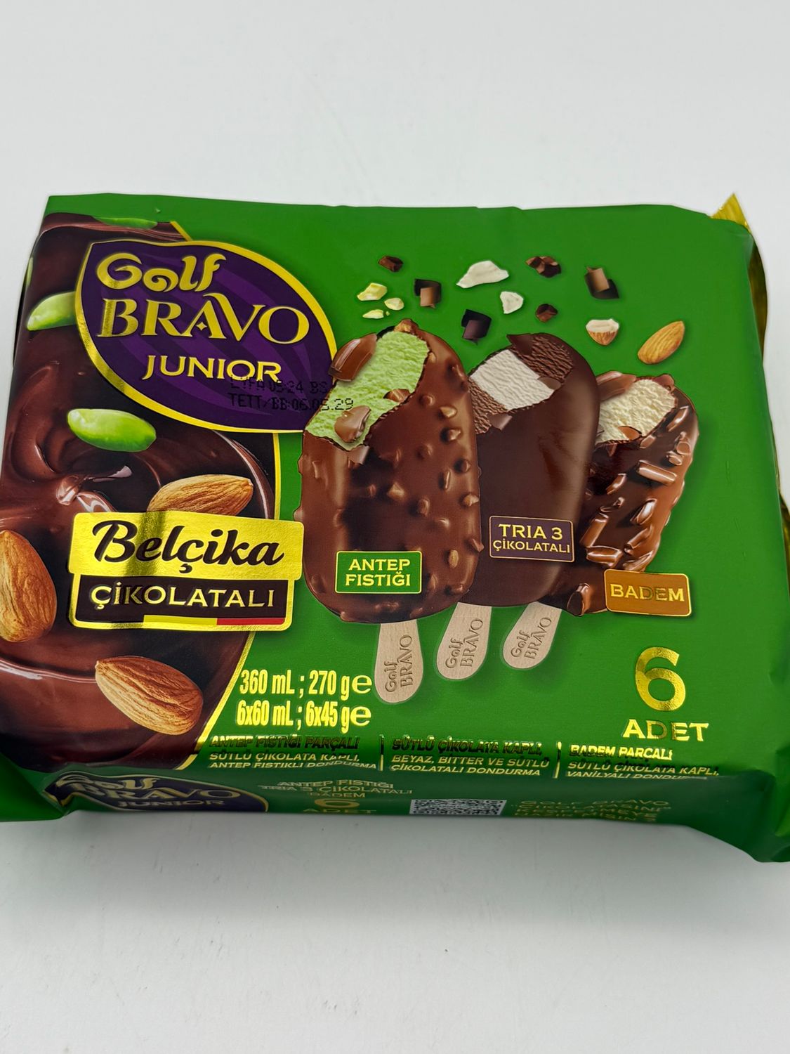 Golf Bravo Junior Belgian Chocolate Ice Cream Variety Pack 6 Bars (360 mL / 270 g) – Pistachio, Triple Chocolate &amp; Almond