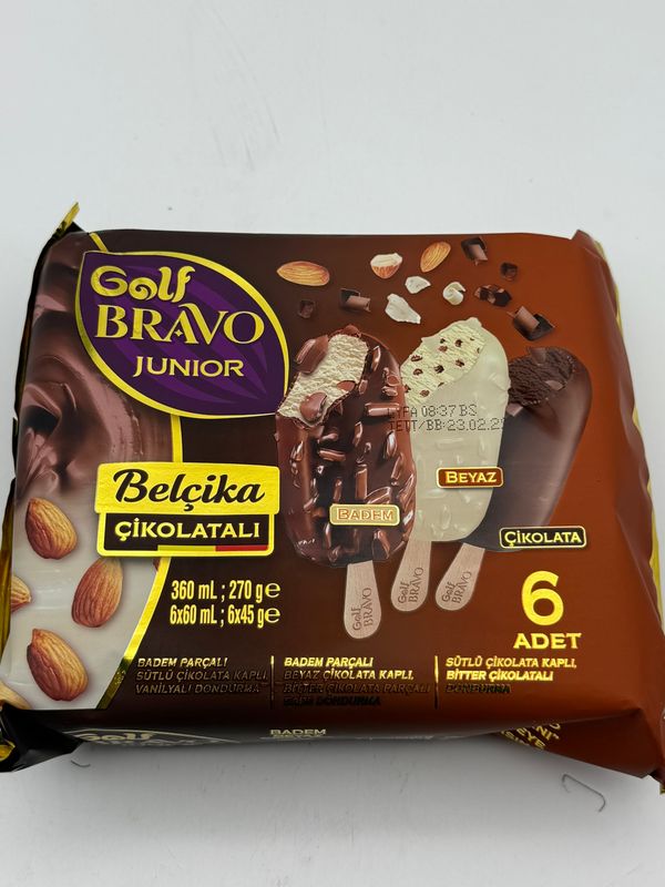 Golf Bravo Junior Belgian Chocolate Ice Cream Variety Pack 6 Bars (360 mL / 270 g) – Almond, White Chocolate Almond &amp; Dark Chocolate