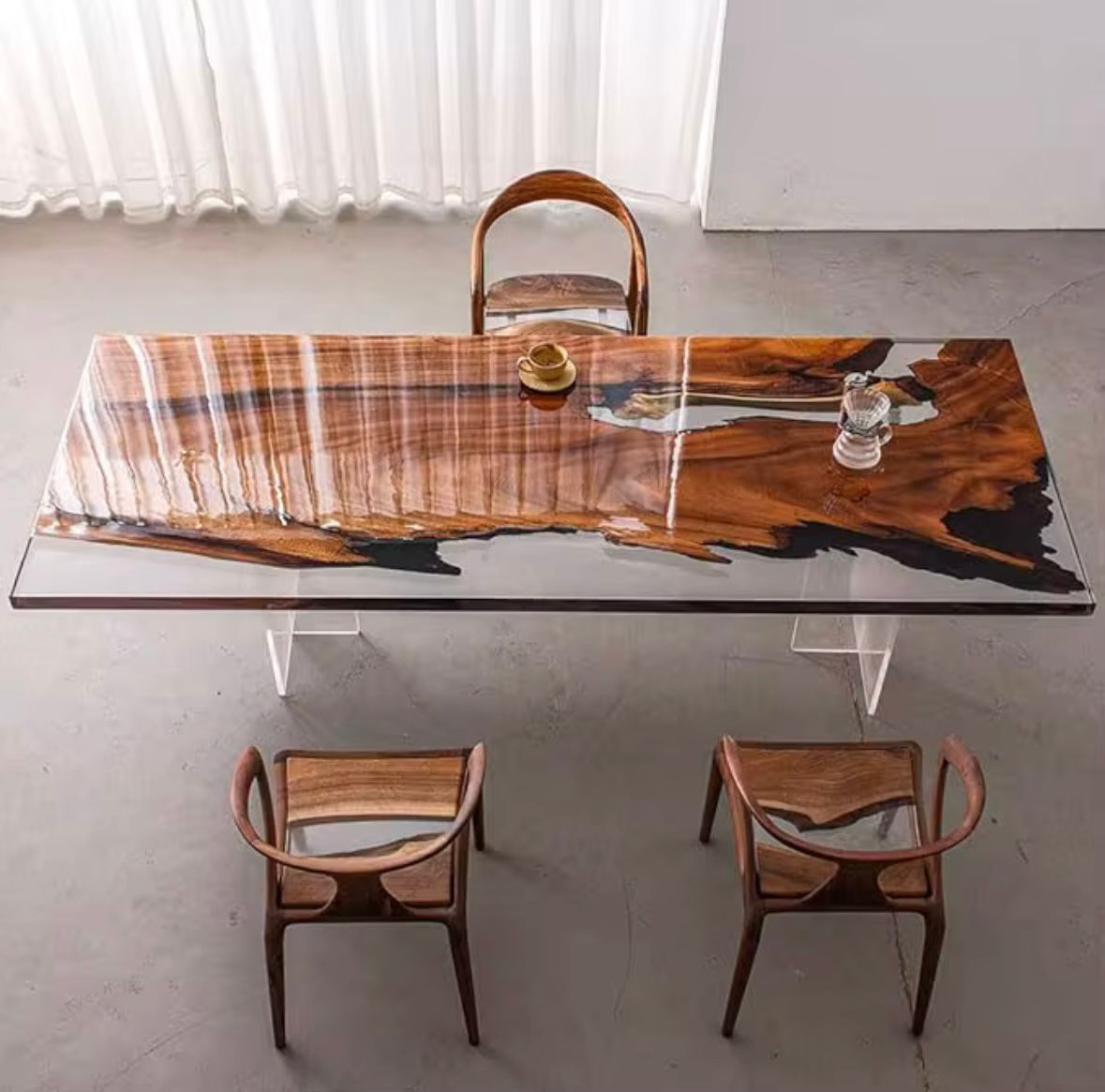 Handmade Brown Wood Table with Transparent Epoxy Finish 36 by 40 inchies