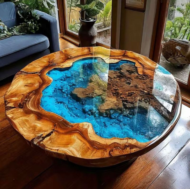 Round River Flow Table – Brown Wood &amp; Sky Blue Epoxy (Island Design) 12 by 12 inchies