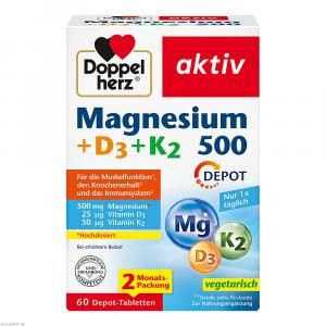 德國多寶雙心DOPPELHERZ Magnesium 鎂500+D3+K2 Depot 60入