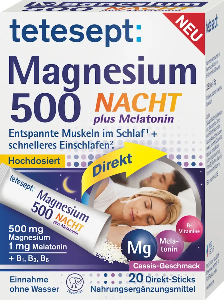 Tetesept高劑量 500毫克鎂+1mg 美啦寧退黑激素-夜間助眠 粉包 ,20入 Magnesium 500mg Nacht +1mg Melatonin Direkt Sticks 20 St