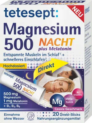 Tetesept高劑量 500毫克鎂+1mg 美啦寧退黑激素-夜間助眠 粉包 ,20入 Magnesium 500mg Nacht +1mg Melatonin Direkt Sticks 20 St