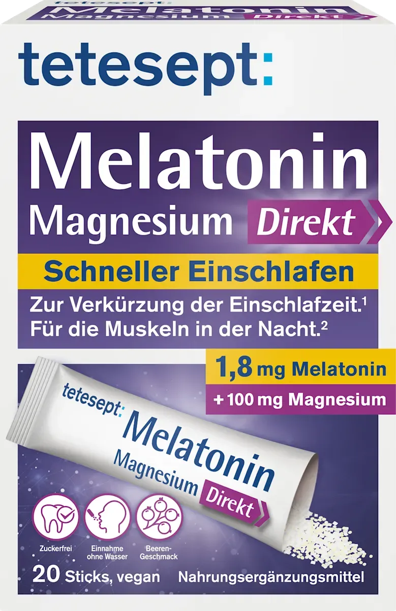 Tetesept高劑量 100毫克鎂+1.8mg 美啦寧退黑激素-夜間助眠 粉包 ,20入 Magnesium 100mg Nacht +1.8mg Melatonin Direkt Sticks 20 St (2028-02)