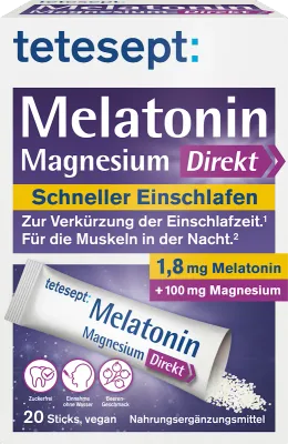 Tetesept高劑量 100毫克鎂+1.8mg 美啦寧退黑激素-夜間助眠 粉包 ,20入 Magnesium 100mg Nacht +1.8mg Melatonin Direkt Sticks 20 St (2028-02)