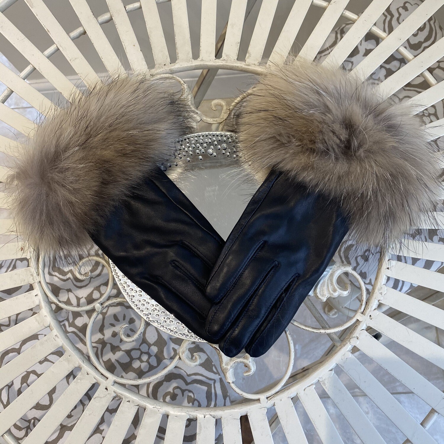Black Leather &amp; Racoon Fur Gloves