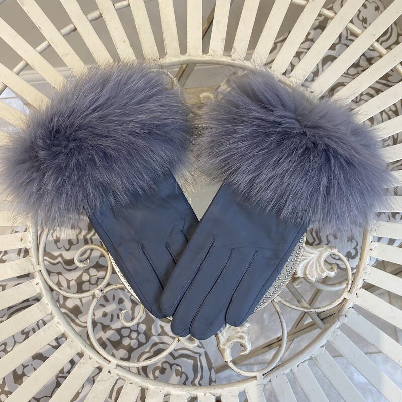Silver Grey Leather Gloves With Fox Fur