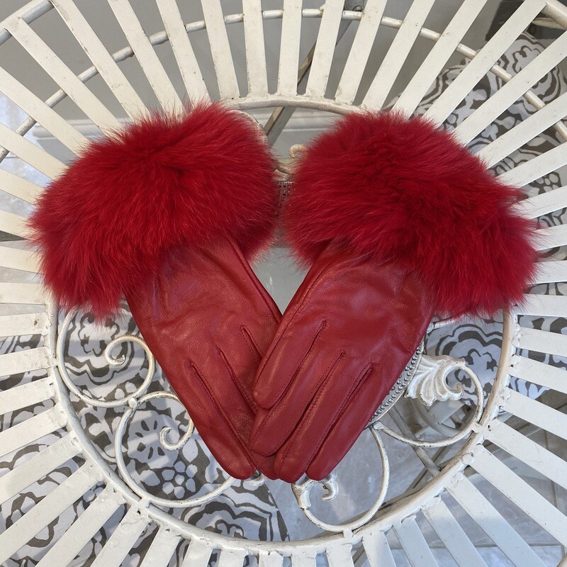 Leather &amp; Fox Fur Gloves (red)