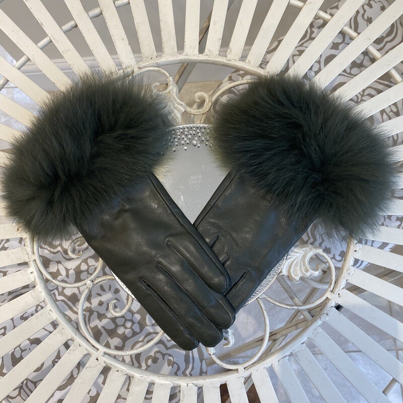 Leather &amp; Fox Fur Gloves (khaki)