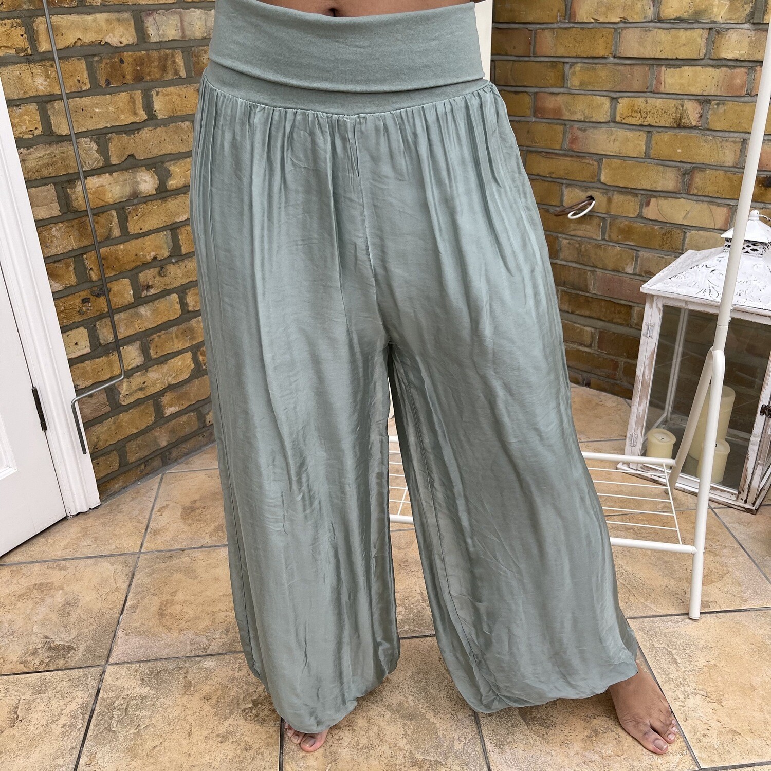 Khaki Silk Palazzo Trousers