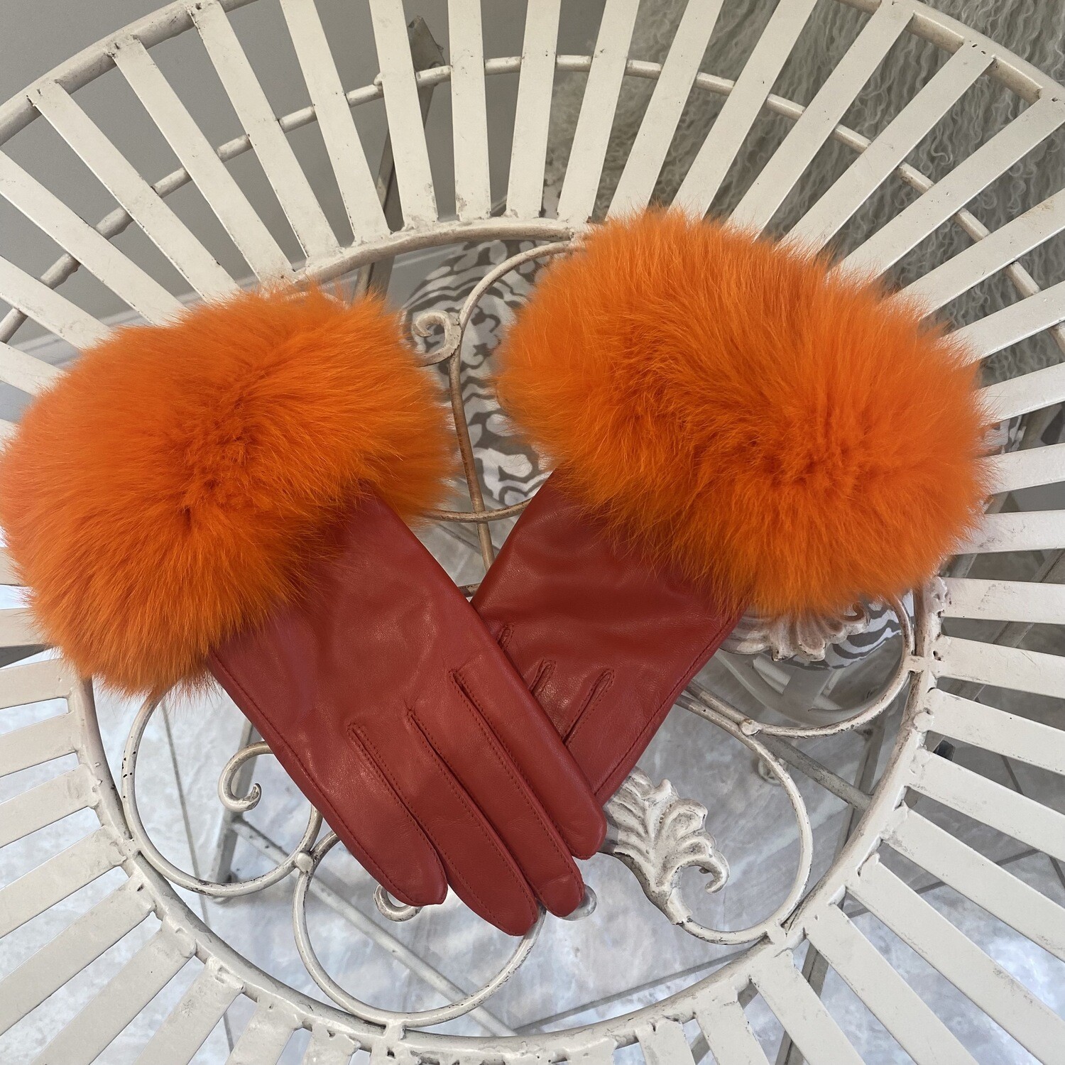 Leather &amp; Fox Fur Gloves (orange)