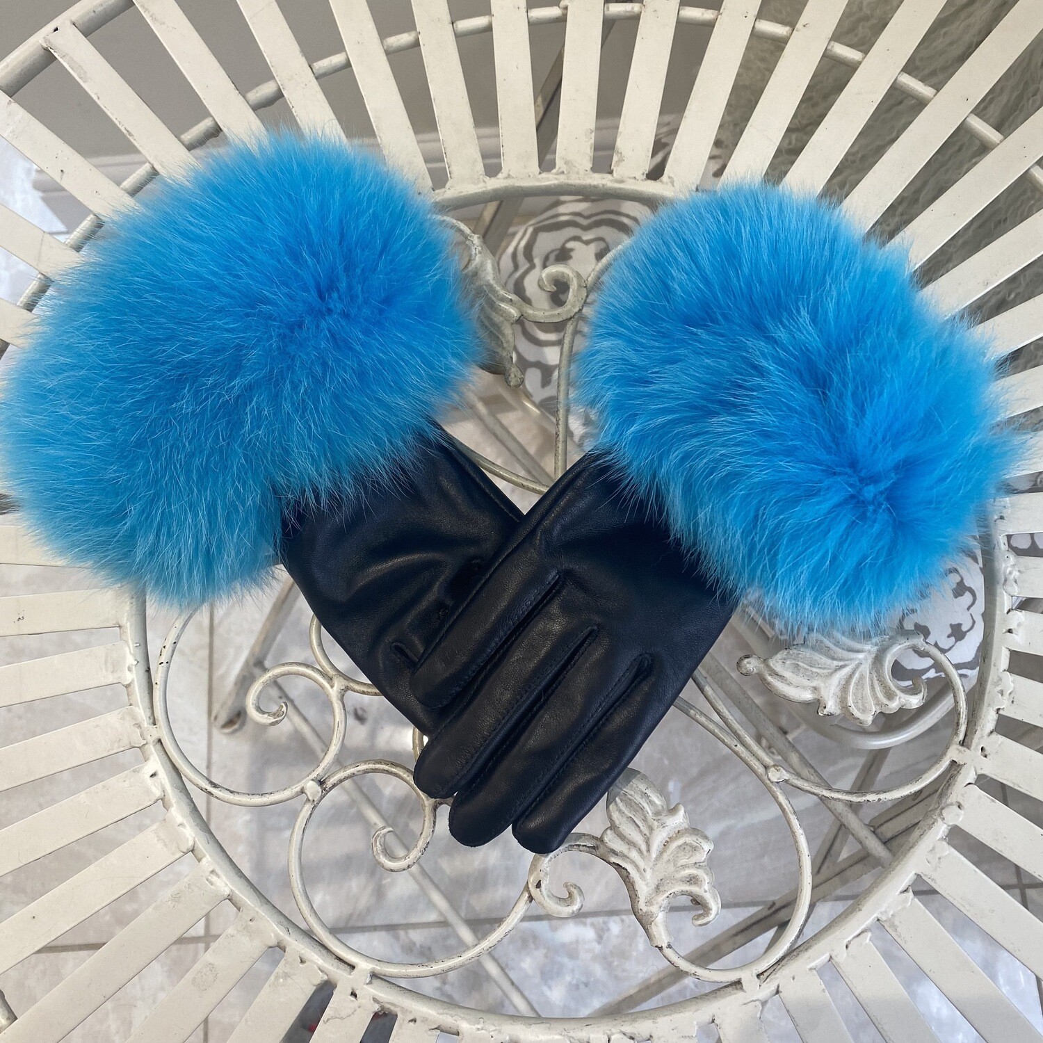 Leather &amp; Fox Fur Gloves (turquoise)