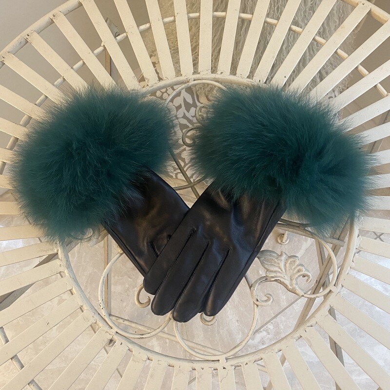 Leather &amp; Fox Fur Gloves (emerald green)