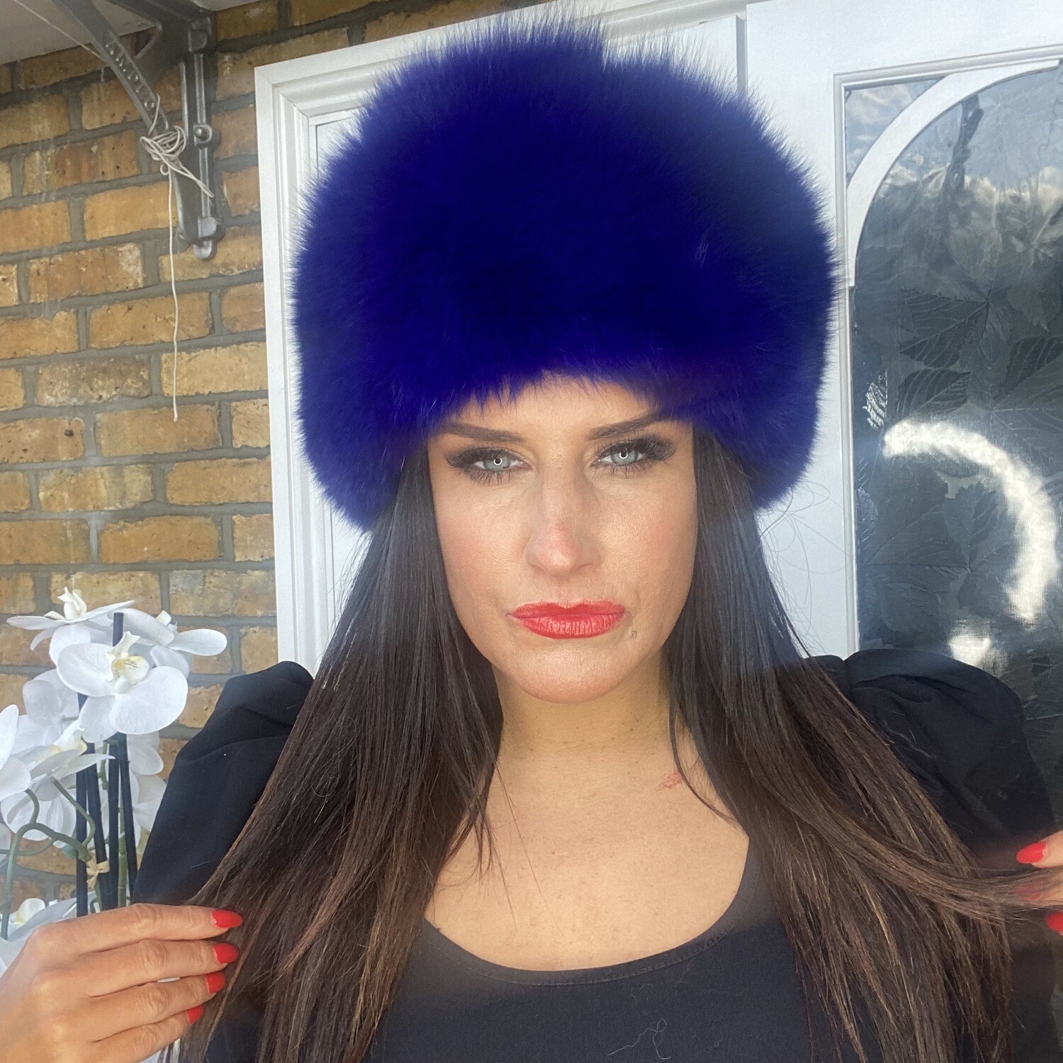 Leather &amp; Fox Fur Hat (royal blue)