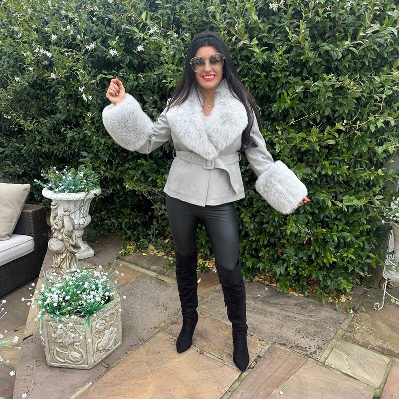 Leather &amp; Fox Fur Jacket (silver grey)