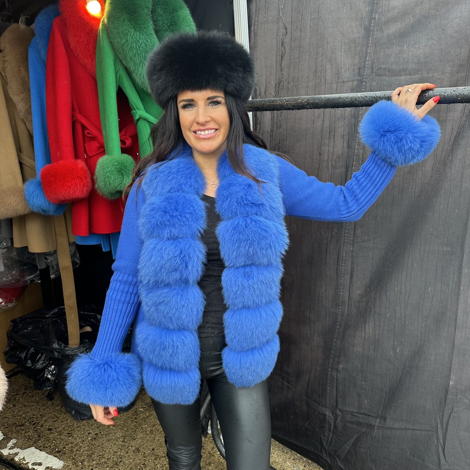 Short Knit &amp; Fox Fur Cardigan (blue)