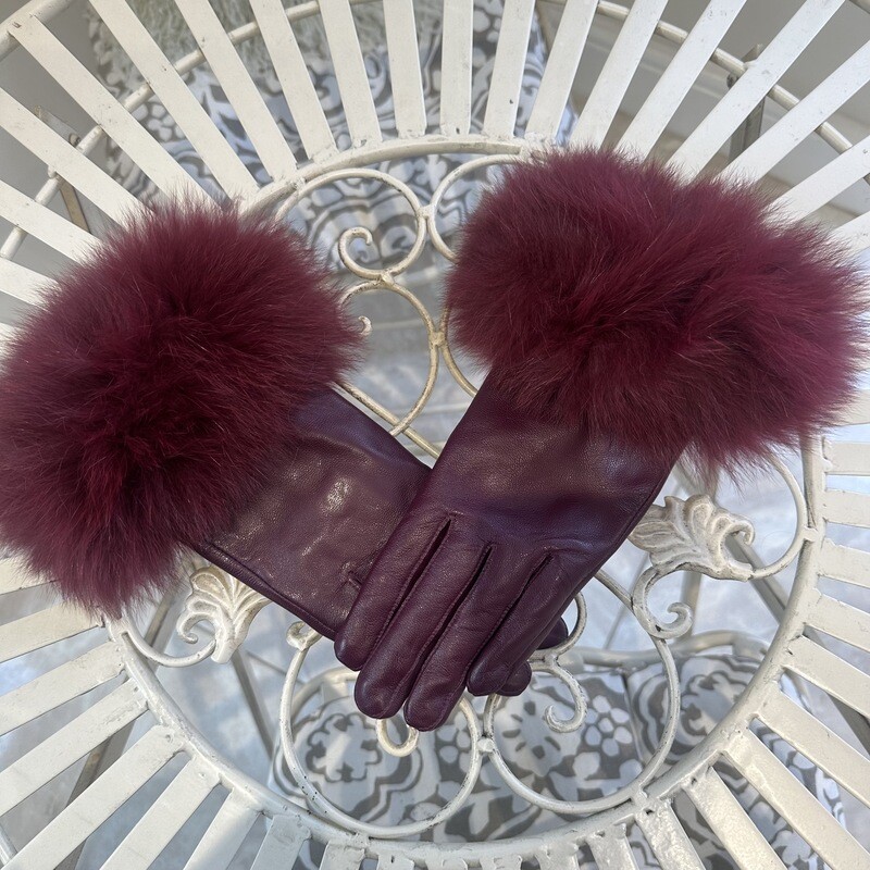 Leather &amp; Fox Fur Gloves (burgundy)